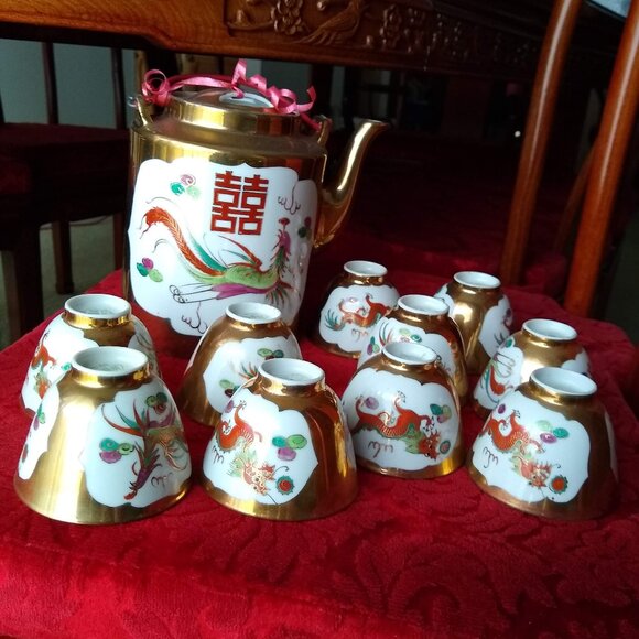 Vintage Chinese porcelain tea pot cups set dragon phoenix double happiness - Picture 13 of 13